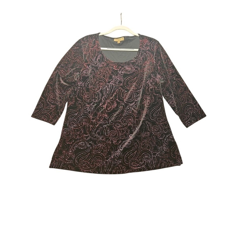 Notations Woman 2X Black Pink Glitter Paisley Velvet 3/4‎ Sleeve Top